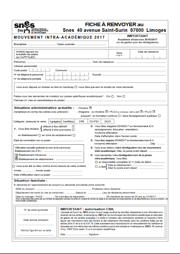 Mouvement INTRA certifiés et agrégés - Pensez à votre fiche de suivi syndical