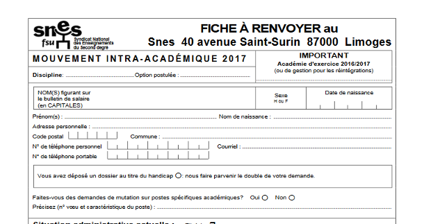 Mouvement INTRA certifiés et agrégés - Pensez à votre fiche de suivi syndical