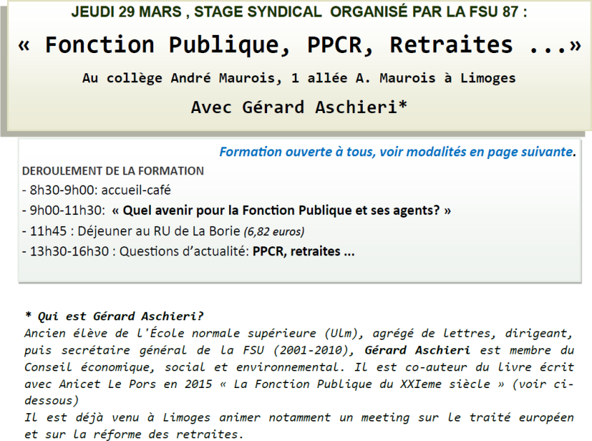 Stage syndical - Fonction Publique, PPCR, Retraites - Jeudi 29 mars 2018