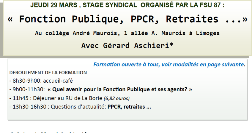 Stage syndical - Fonction Publique, PPCR, Retraites - Jeudi 29 mars 2018