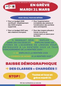 Rentrée 2026 - 44 emplois supprimés - En grève le mardi 31 mars !