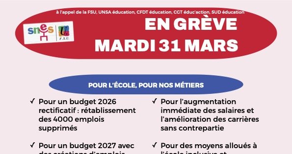 Rentrée 2026 - 44 emplois supprimés - En grève le mardi 31 mars !